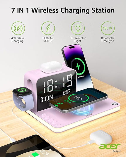 Acer 7-in-1 Wireless Charging Station with LED Clock - 30W Fast Wireless Charger for iPhone 16/15/14/13/12/Pro Max, Apple Watch, AirPods - Bluetooth Auto Time Sync & Night Lights (Purple)