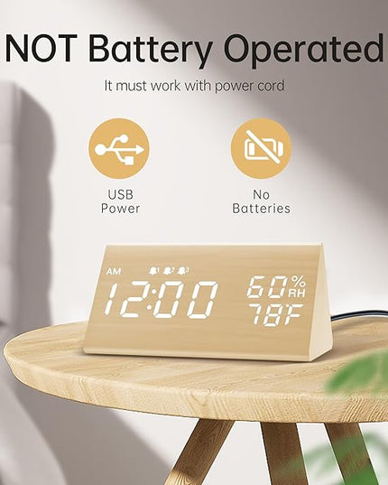 JALL Digital Alarm Clock, with Wooden Electronic LED Time Display, 3 Alarm Settings, Humidity & Temperature Detect, Wood Made Electric Clocks for Bedroom, Bedside (Yellow)