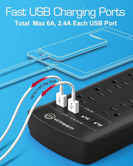 Surge Protector Power Strip - 12 Outlets,4 USB 6A Ports, 6Ft Extension Cord, 1875W/15A, 4360Joules, Overload Protection - Ideal for Home & Office Use (Black-USB6A)