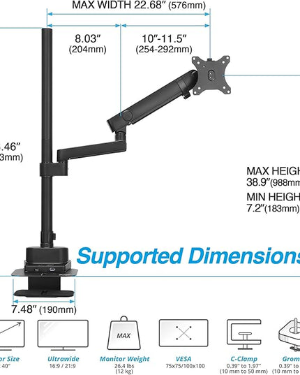 AVLT Single 40 Inch Monitor Arm Pole Top Mount With USB-C USB-A Ports-Black, Supports 26.4 lbs (12kg), Ultrawide screen fit, VESA Compatible, Tilt, Swivel, Rotate, Ergonomic adjustable height, Durable
