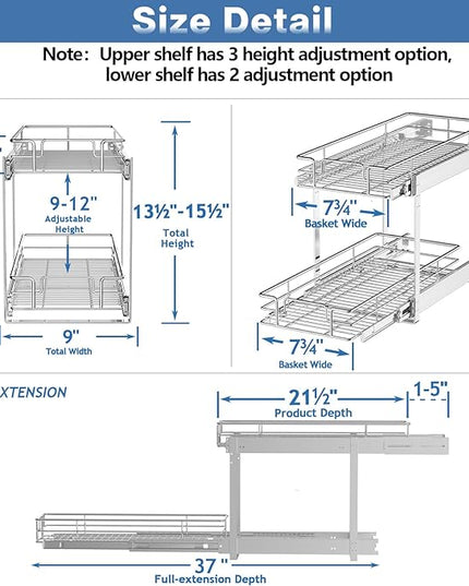 LOVMOR 2 Tier Individual Pull Out Cabinet Organizer 9" W x 21½" D, Slide Out Kitchen Cabinet Storage Sliding Shelves