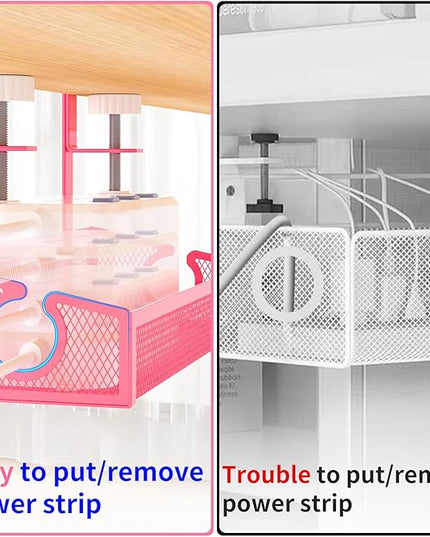 Under Desk Cable Management Tray Black, No Drill Desk Cable Wire Management Organizer with Clamp, PC Cord Organizer Accessories & Workspace for Office, Home（Pink）
