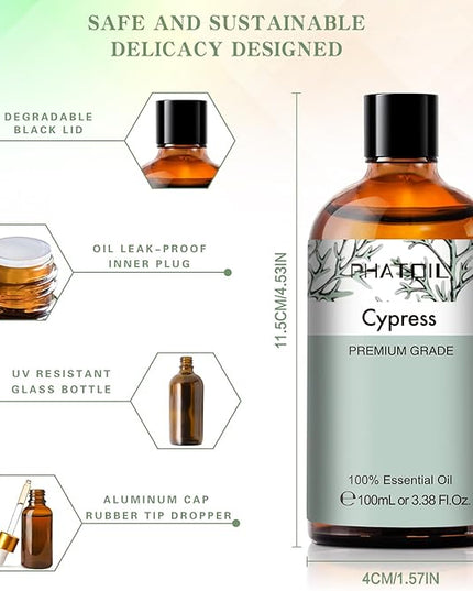 Cypress 3.38fl.oz Essential Oil, PHATOIL Aromatherapy Essential Oils for Diffuser, Humidifier, Perfect for DIY Soap, Candle, Bath Bombs Making(100ml)