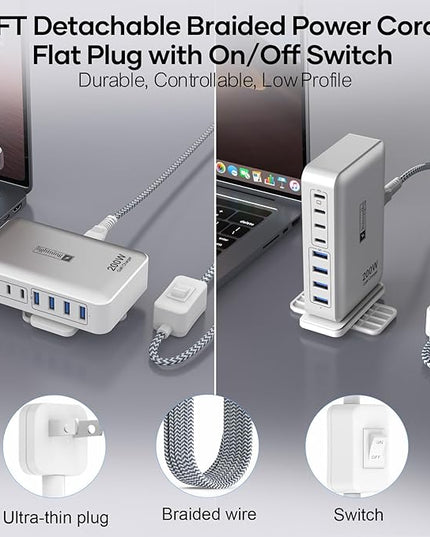 200W Charging Station for Multiple Devices, 8-Port USB C Charger Block Fast Charging, 65W Type C GaN Power Adapter for Cellphones, Tablets, Laptops, Multi Chargers USB Hub Flat Plug