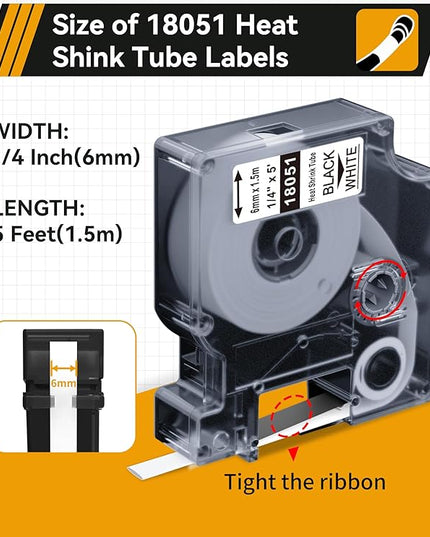 Rhino 4200 Heat Shrink Tube Tape 1/4" 6mm Replacement for Dymo Rhino 18051 Heat Shrink Labels Compatible with DYMO Industrial Label Maker 5200 5000 6000 | Black on White | 4-Pack