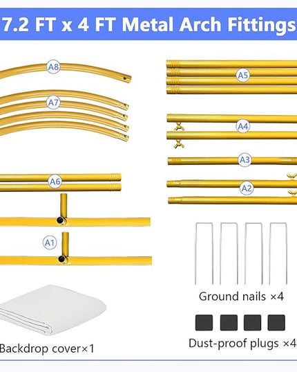 Metal Arch Backdrop Stand and Cover Set 7.2 ft, Wedding Arch Stand with White Cover for Party, Birthday, Wedding, Bridal Shower, Baby Shower (White, 7.2 ft)