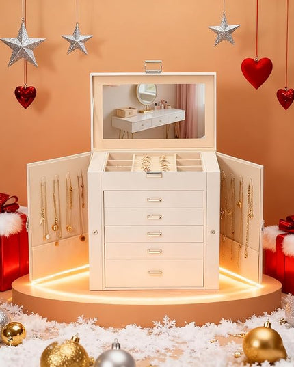 BOOVO Jewelry Box For women, 6 Layer Large Jewelry Organizer With Mirror, Multi-Function Storage Box With Lock, Necklace Holder With 5 Drawers, For Earrings Necklace Bracelet (Silver and White)