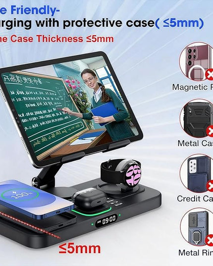 30W Tablet Wireless Charger for Samsung, Foldable Android Charging Station with Clock Display with 7-Color Light, Wireless Watch Charger for S25, Only Compatible Samsung Watch, Galaxy Buds3 Pro(Black