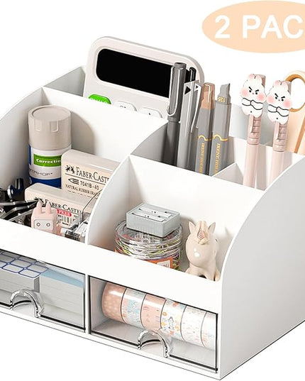 Desk Organizer with 6 Compartments and 2 Drawers, Plastic Makeup Organizer, Pen Holder for Desktop Storage, Desk Organization for School, Home, Office Supplies (White-2Pack)