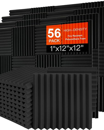 56 Pack Acoustic Foam Panels, 1" x 12"x 12" Sound Proof Foam Panels For Wall Fire Resistant, Noise Cancelling Dampening Sound Absorbing Black Wedge Panels For Studio Recording & Office & Home