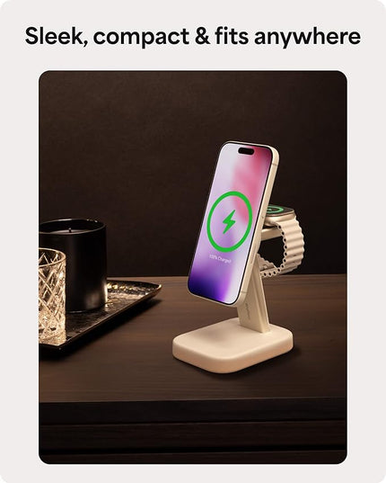 Mophie 2-in-1 Wireless Charging Stand - Qi2-Certified, MagSafe Charger for iPhone & Apple Watch – Fast Charging Station with Adjustable Phone Stand & Cable Management – Up to 15W Power