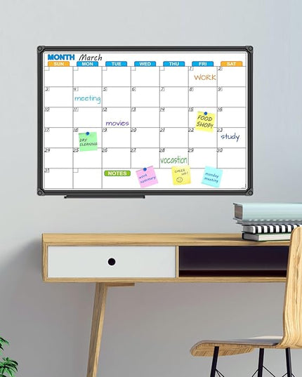 JILoffice Dry Erase Calendar Whiteboard - Magnetic White Board Calendar Monthly 24 X 18 Inch, Black Aluminium Frame Wall Mounted Board for Office Home and School