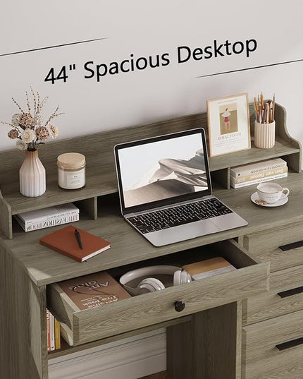 4 EVER WINNER Computer Desk with Drawers, Small Desk with Monitor Stand and File Drawer, Wood Desk with Storage, Writing Desk for Bedroom Home Offic, Grey