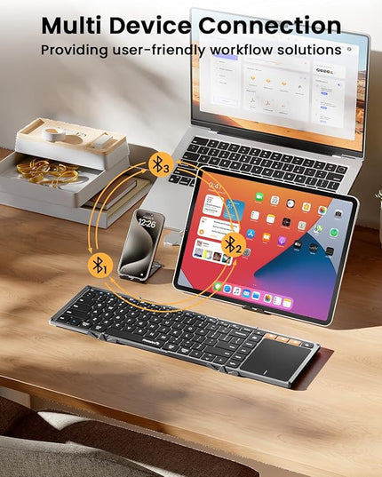 ProtoArc Foldable Keyboard with Touchpad, XK01 TP Folding Portable Keyboard, Full Size Keys, Large Trackpad Bluetooth Travel Keyboards for Laptop PC Tablet - Black Gray