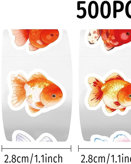 500 Pcs Goldfish Stickers Roll, 10 Styles Cute Cartoon Goldfish Stickers for Teens, Waterproof Vinyl Stickers for Journal Scrapbook, Party Favors, Classroom Rewards, Laptop & Water Bottle Decal