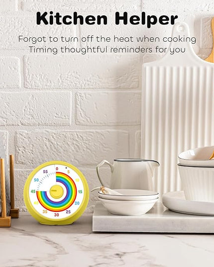 Visual Timer for Kids, 60-Minute Countdown Timer for Classroom Office Kitchen, Desk Timer Kids Time Management Tools with Silent Operation, Pomodoro Time Rainbow Pattern (Yellow)
