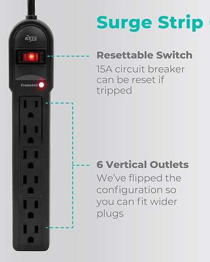 KMC 6-Outlet Surge Protector Power Strip 2-Pack, 900 Joules, 4-Foot Extension Cord, Overload Protection, Black