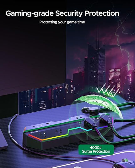 4000J Surge Protector Power Strip with USB Ports, 6 Outlet Power Strip with RGB Lights and PD 20W Fast Charging, Wide-Spaced Outlet Perfect for e-Sports, Game PC, Home and Offices