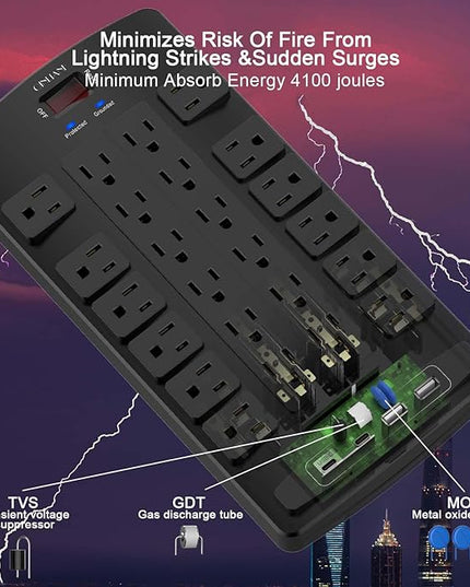 QINLIANF Surge Protector Power Strip - 6Ft Flat Plug Heavy Duty Extension Cord with 24 Outlets and 4 USB Ports(2 USB-C Ports), 1875W/15A, 4100J, for Home, Office, Dorm, ETL Listed, Black