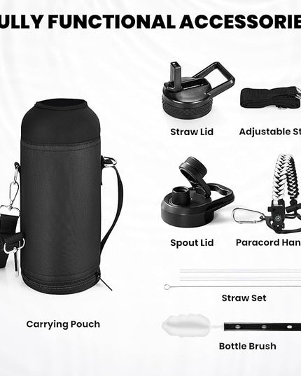 Insulated Water Bottle 40 oz, Triple Wall Vacuum Stainless Steel (Cold for 48 Hrs), Leak Proof & Non-BPA, Modern Water Flask Jug with Paracord Handle & Straw Spout Lids, Ombre: White/Black