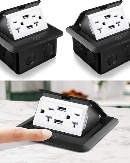 Hoolerry 2 Pack Pop up Floor Electrical Outlet Cover Box Kit with 4.8A USB Charger 20Amp Waterproof Weatherproof Floor Tamper Resistant Outlet Receptacle for Countertop Home (Black)