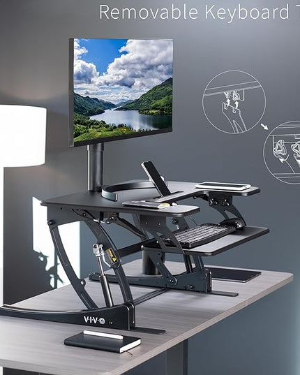 VIVO 32 inch Height Adjustable Stand Up Desk Converter, V Series, Quick Sit to Stand Tabletop Dual Monitor Riser Workstation, Black, DESK-V000VS