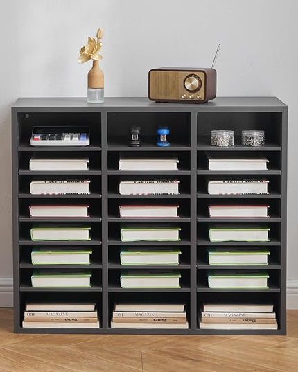 VEVOR Literature Organizer, 24 Compartments Office Mailbox with Adjustable Shelves, Wooden Mailbox Sorter Medium Density Fiberboard Office Home Classroom Storage for Files, Documents, Papers, Grey