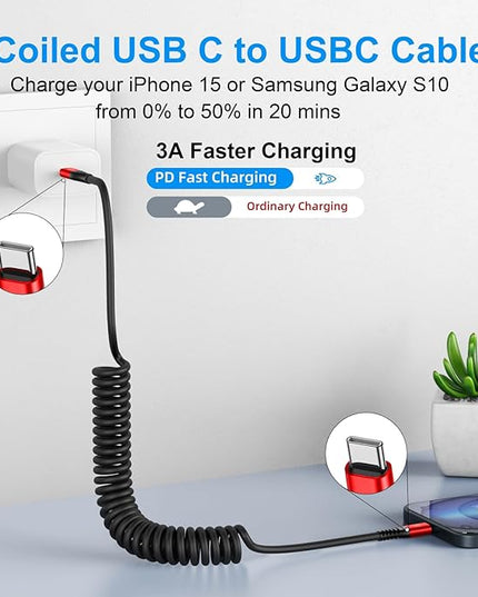 KIYODA USB C to USB C Cable 6ft, 2Pack Coiled USBC Charger Cable for Car, Type C Fast Charging Compatible with iPhone 17/16/15/Plus/Pro/Pro Max/MacBook Pro 2020/iPad Pro 2020/Samsung Galaxy S23-Red