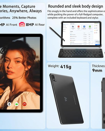 Android 15 Tablet 10 inch, 2025 Tablet with Keyboard, 2-in-1 Tablets with T615 Octa-Core, 20GB+128GB+2TB Expand, Gemini AI, 8MP Camera, 6000mAh, Android tablet with Keyboard, Mouse, Case, Stylus