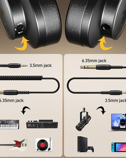 MAONO Studio Monitor Mixing DJ Headphones, 50mm Driver Professional Over Ear Wired Headset with 3.5mm to 6.35mm Jack for Guitar AMP, Piano, Music Production, Keyboard, Recording, Podcast, MH700 Black