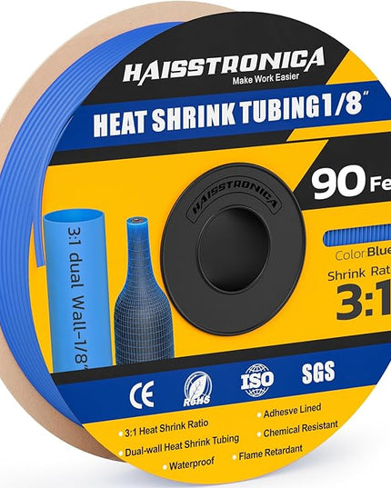 haisstronica 3:1 Heat Shrink Tubing, Shrink Ratio Adhesive Lined Marine Grade Heat Shrink Tube for Home, Automotive and Industrial (Blue) 90FT 1/8inch
