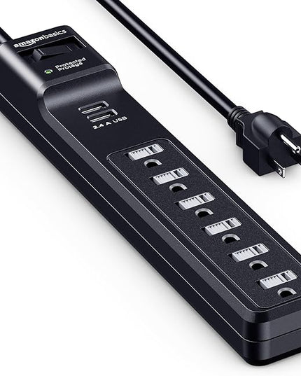Amazon Basics Surge Protector Power Strip with 6 Outlets, 2 USB Ports, 1000 Joule, 6-Foot Cord Length, Black