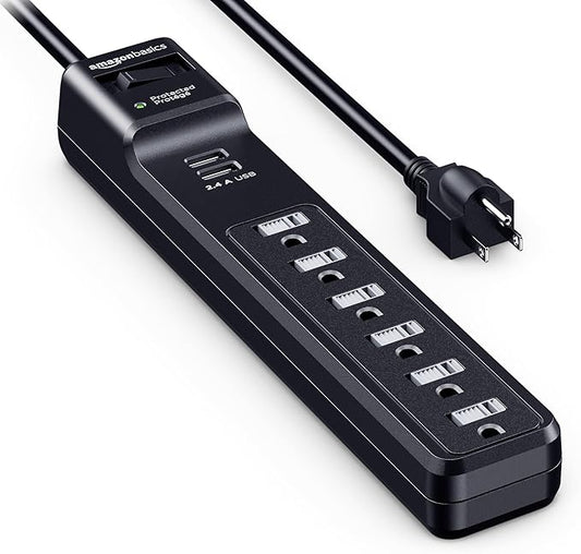Amazon Basics Surge Protector Power Strip with 6 Outlets, 2 USB Ports, 1000 Joule, 6-Foot Cord Length, Black