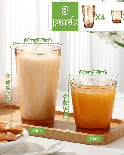 Set of 8 Plastic Drinking Glasses 16 Oz and 10 Oz Reusable Plastic Tumblers Acrylic Tall and Short Unbreakable Water Cups for Indoor Outdoor Home Picnic Party(Orange)