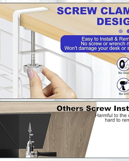 15.7” Under Desk Cable Management Tray, No Drill Steel Cable Tray Organizers, Wire Management Tray Cable Rack with Clamp Mount, Metal Under Desk Tray with Wire and Cord Organizer (White, 1 Pack)