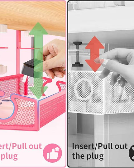 Under Desk Cable Management Tray Black, No Drill Desk Cable Wire Management Organizer with Clamp, PC Cord Organizer Accessories & Workspace for Office, Home（Pink）