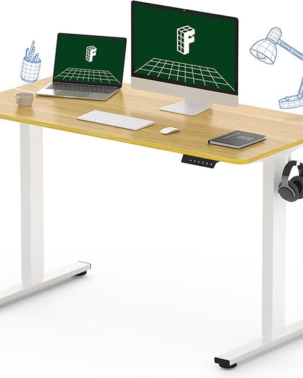 FLEXISPOT One-Piece Electric Standing Desk, 48 x 24 Inches Adjustable Desk with Seamless Desktop, Memory Controller Height Adjustment (White Frame + Maple Desktop, 2 Packages)