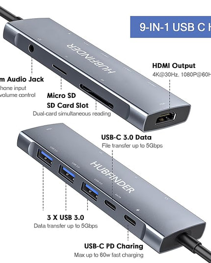 USB C Hub, HUBFINDER 9 in 1 Multiport Adapter with 100W Power Delivery，4K HDMI Output，3 USB3.0 and USB-C 5 Gbps Data Ports，SD/TF Card Reader，3.5mm Headphone Jack，for MacBook Air, MacBook Pro,iPad Pro