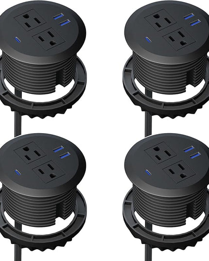 4 pcs 3 Inch Desktop Power Grommet,20W USB C Fast Charging Station,3-USB Port,Flush Mount,6.5 ft Power Cord.Round Recessed Power Outlet,Desk Hole Grommet Outlet for Workspace,Sofa,Black