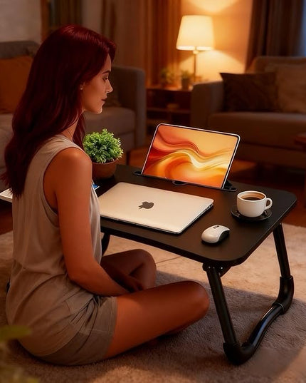 Fayquaze Laptop Bed Table, Portable Foldable Laptop Bed Desk with Storage Drawer and Cup Holder, Lap Desk Lap Stand Tray Table Floor Table Serving Tray for Eating, Reading and Working
