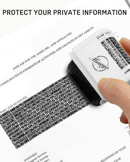 Miseyo Wide Identity Theft Protection Roller Stamp Set - White (3 Refill Ink Included)