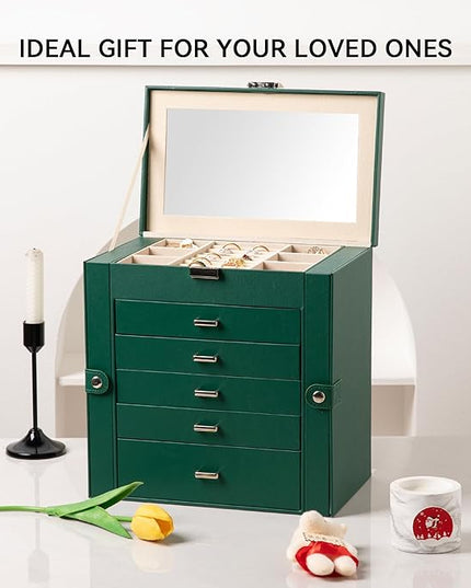 Frebeauty Large Jewelry Box,6-Tier PU Leather Jewelry Organizer,Multi-functional Storage Case with Mirror,Accessories Holder with 5 Drawers for Necklace Bracelets Watches(Blackish Green)