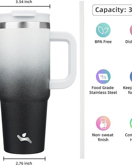 30 oz Tumbler with Handle and 2 Straws,2 in 1 Lid Insulated Water Bottle Stainless Steel Travel Coffee Mug,Day Night