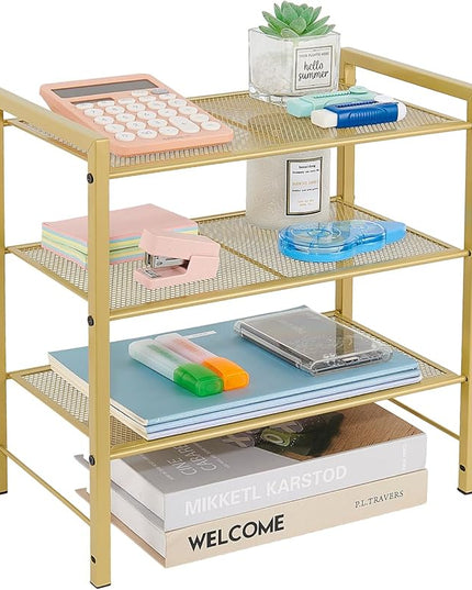 Desktop Shelf Organizer, 3-Tier Office Storage Rack, Adjustable Metal Bookshelf for Top of Desk, Desk Organizer for Office, Home, Dorm and Small Spaces (Gold)