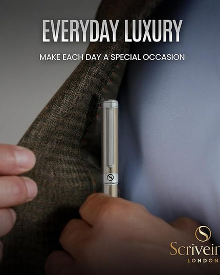 Scriveiner Stainless Steel Fountain Pen - Stunning Luxury Pen with Steel Finish, Schmidt Steel Nib (Fine), Best Pen Gift Set for Men & Women, Professional, Executive Office, Nice Designer Pens