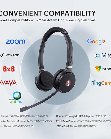 Yealink WH62 Dual UC DECT Wireless Headset, 525 ft Long Range, Work Headphones with Base, 2X Noise Canceling Mic for IP Phone and Computer, Office Headsets Call Control, Ringer,14H Talk Time