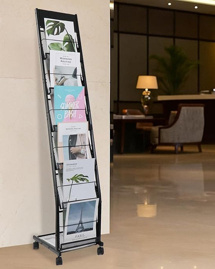 Floor-Standing Magazine Rack 6-Layer with Wheels, Brochure Display Stand for Exhibitions, Office, and Any Organization Requiring Information Display