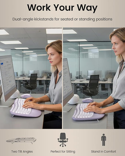 Purple Ergonomic Wireless Keyboard and Mouse Combo, Sablute 2.4G Full Size Ergo Wave Key Board with Cushioned Plam Rest, Natural Typing, 3 DPI Adjustable Silent Mouse for Computer/Laptop/Windows/Mac
