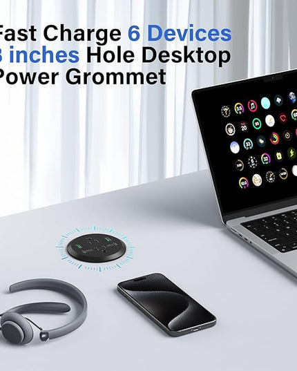 Desktop Power Grommet 3-inch Hole,40W Total Fast Charging Station, 2 PD 20W USB C Port,Flush-Mount Recessed Power Strip, 2 AC Outlets,4 USB Ports,in to The Top of Your Desk,6ft Cord