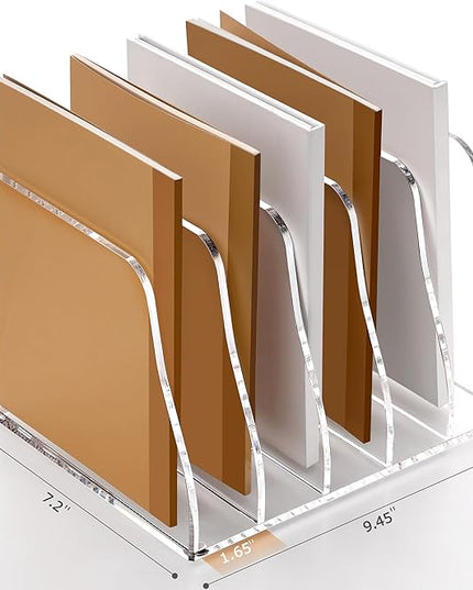 YUXUN Clear Acrylic File Folder Holder - 5 Vertical Compartments Desk Document Sorter, Upright Magazine Rack for Office/Home/Classroom, Stores Documents, Tablets, Magazines, Books & Accessories